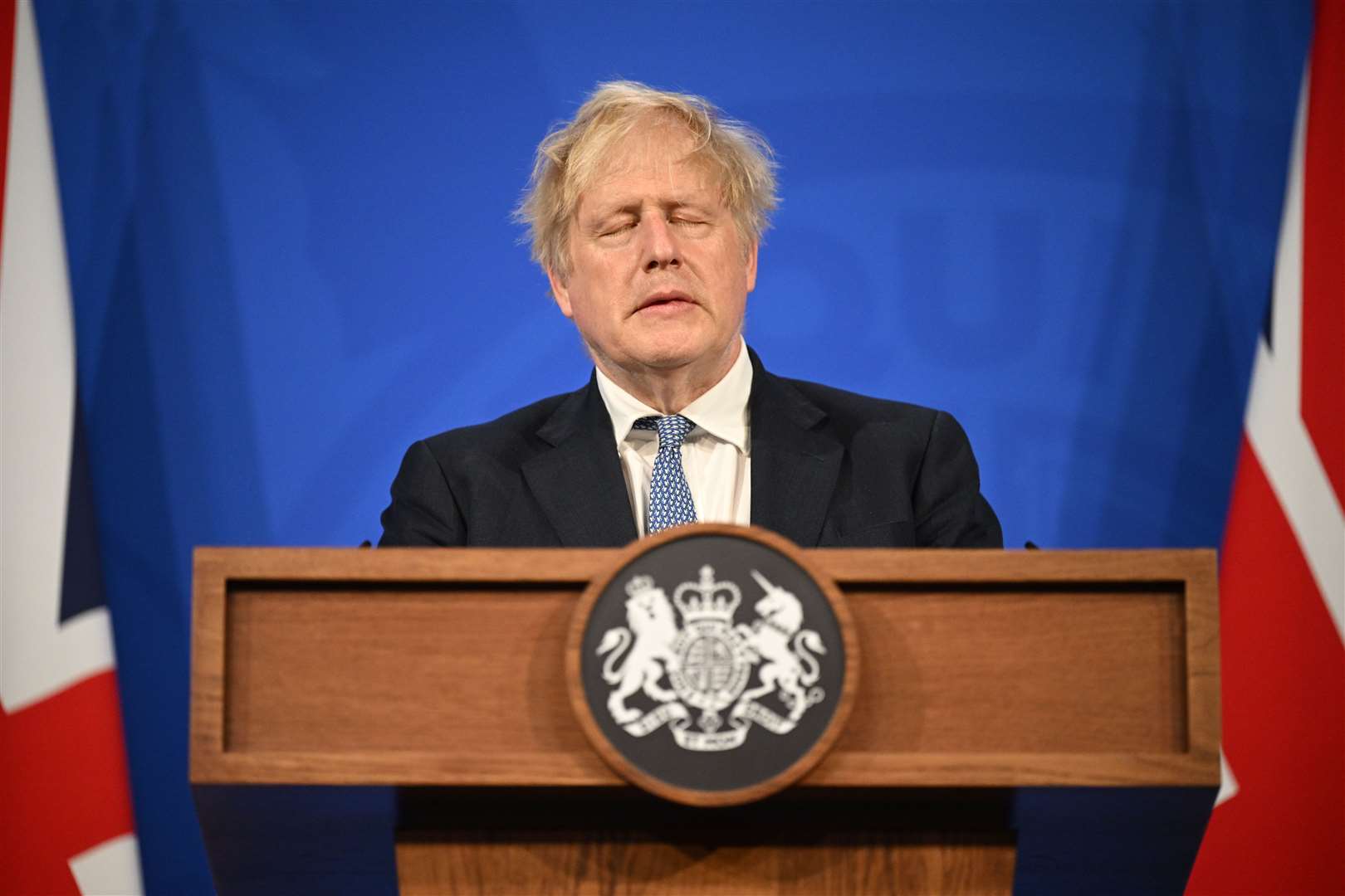 Boris Johnson during a press conference in May following the publication of Sue Gray’s report into Downing Street parties in Whitehall during the coronavirus lockdown (Leon Neal/PA)