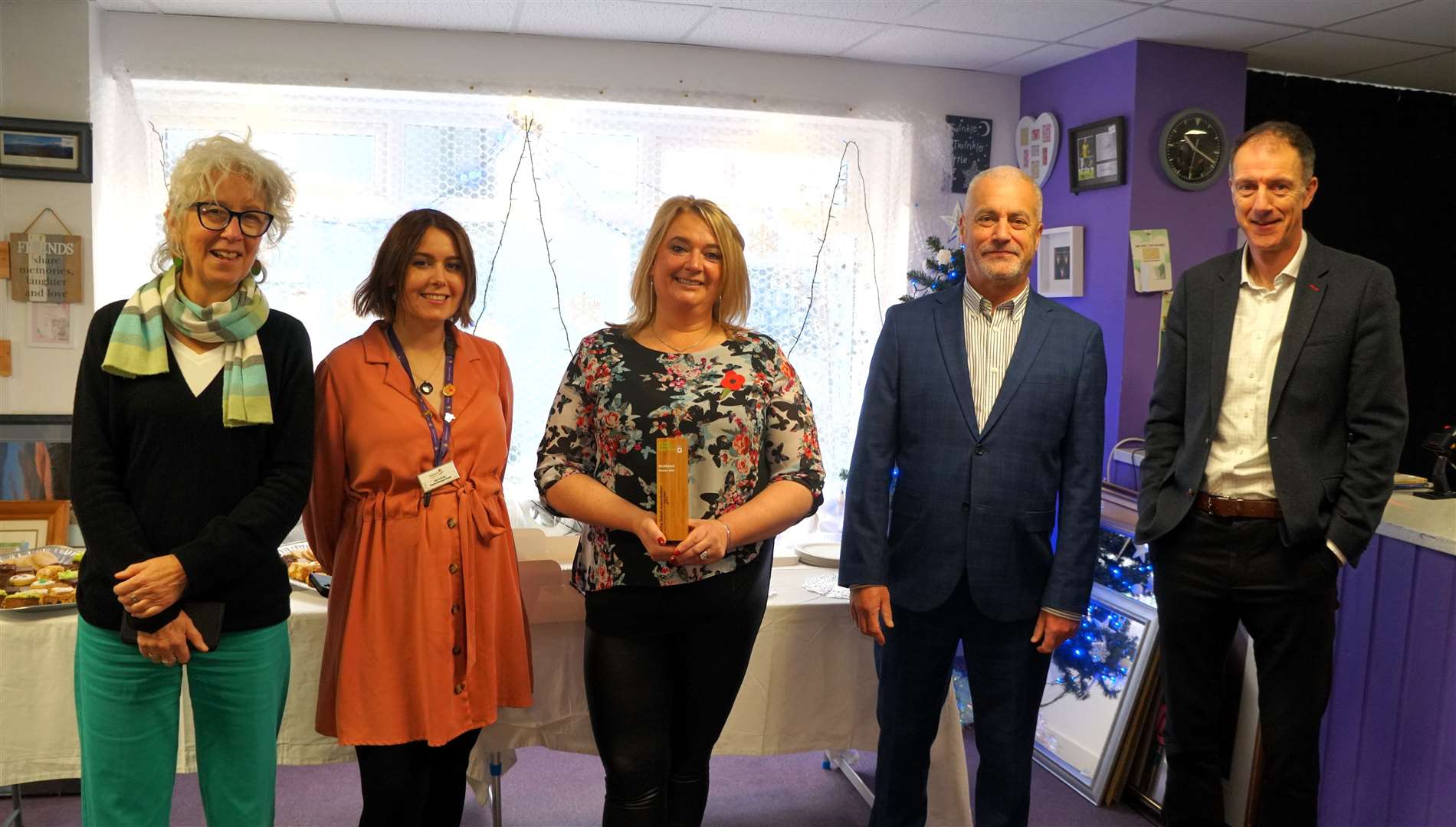 From left, Susan Cooper, commerce manager with Highland Hospice; Lisa Foster, deputy commerce manager with the charity; Susan Imlach, manager of Highland Hospice's Thurso branch; Robin Osterley, CEO of the Charity Retail Association; and Kenny Steele, the charity's chief executive. Picture: DGS