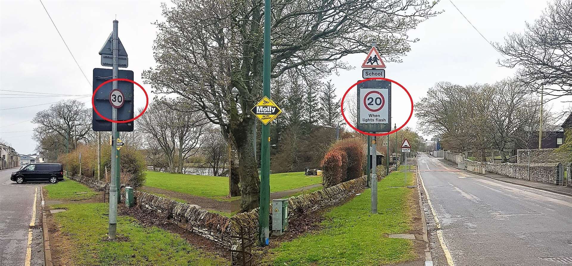 Composite image showing differing speed restrictions along the same street.