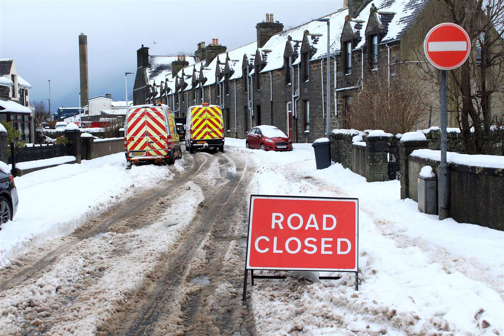 Road closed sign at Barbara Place in Wick. Picture: Alan Hendry