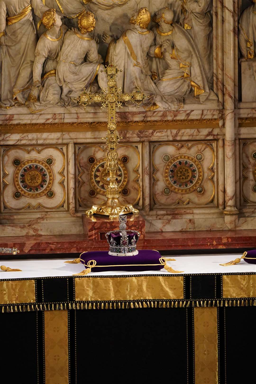 The Imperial State Crown on the high altar after being removed from the Queen’s coffin (Joe Giddens/PA)