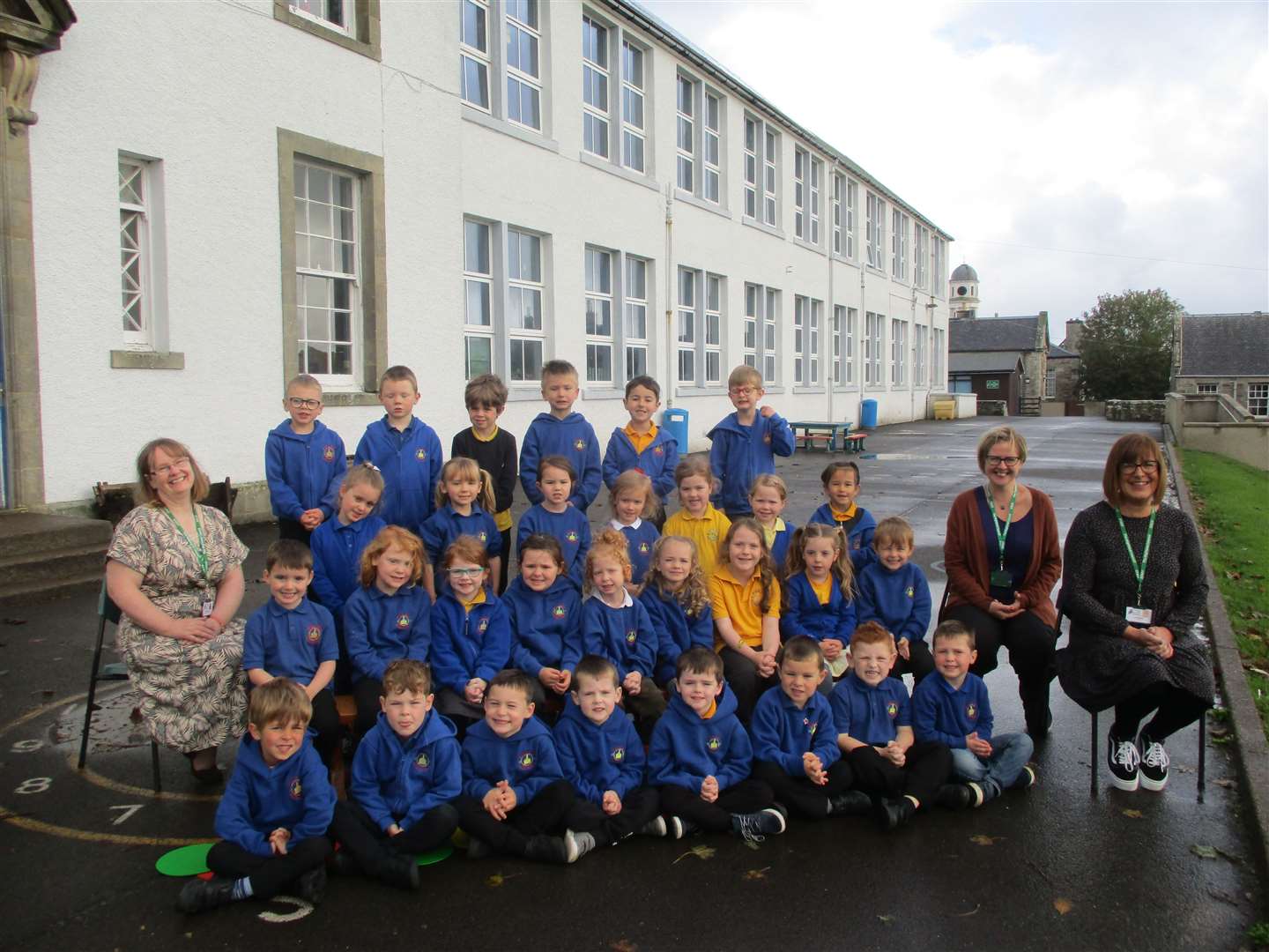 P1 at Miller Academy Primary with their teachers, Mrs Norma Mackie, Mrs Lynne Souter and pupil support assistant Mrs Lisa Critchley.