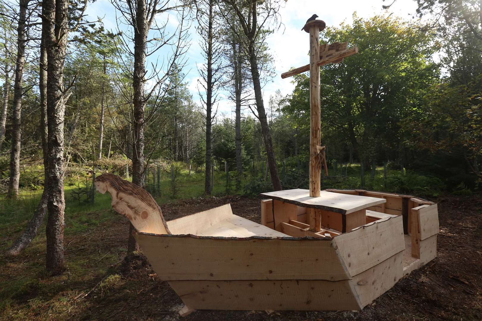 A boat-themed picnic table created in a Dunnet Forest as part of the Loggerheads series. Picture: BBC Scotland / Mighty Scotland