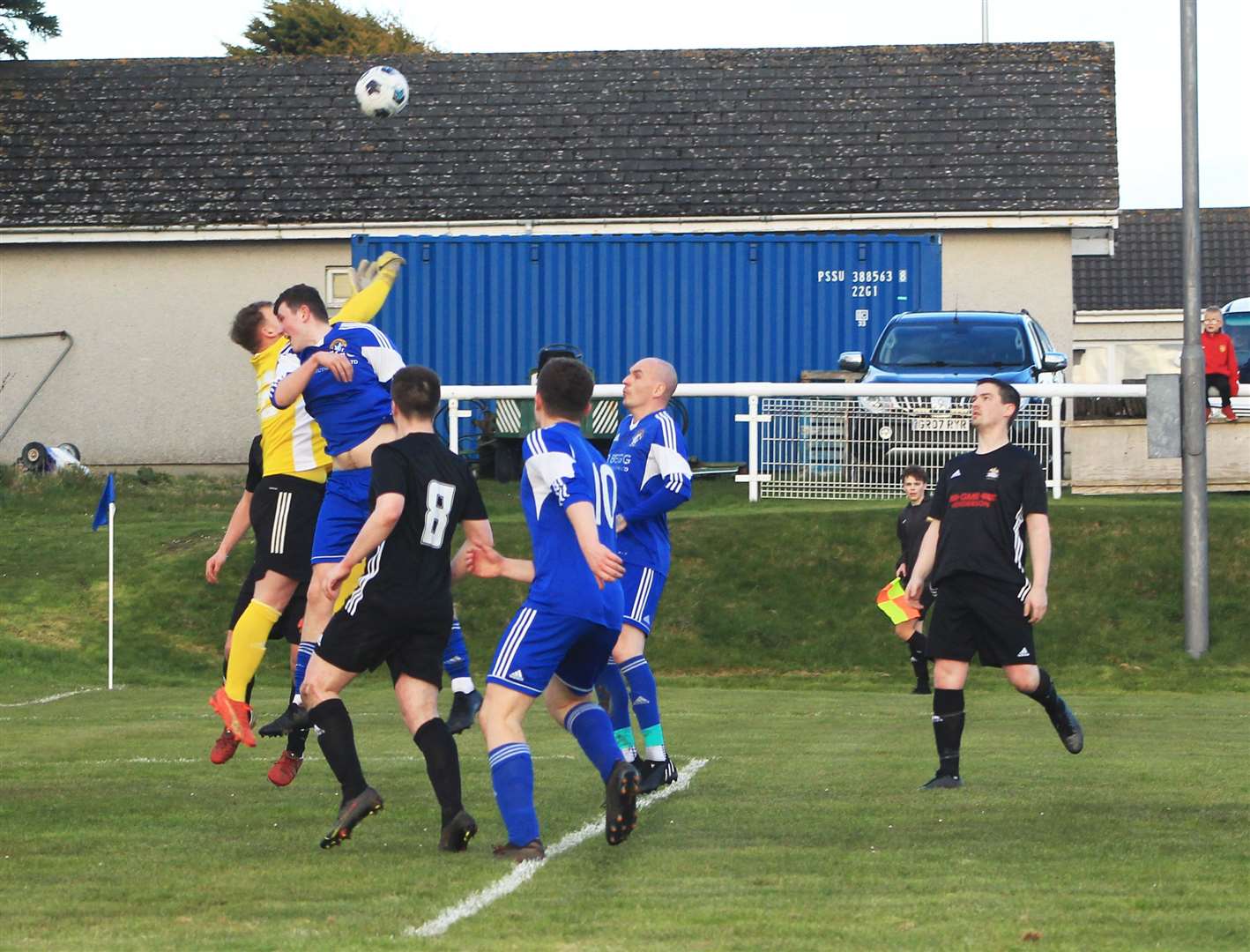 Lybster goalkeeper Billy Miller clears the danger from a Keiss attack. Picture: Alan Hendry