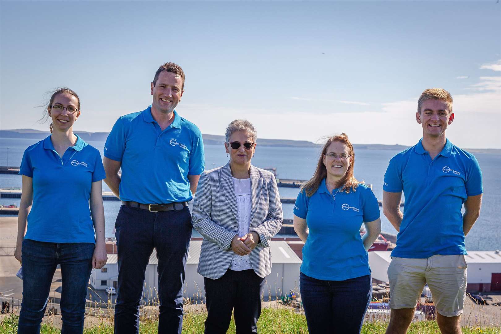 Trudy Morris (centre) of Caithness Chamber of Commerce at Scrabster with (from left) Katy Murphy, Jack Farnham, Lesley Sinclair and Will Philbedge of West of Orkney wind farm.