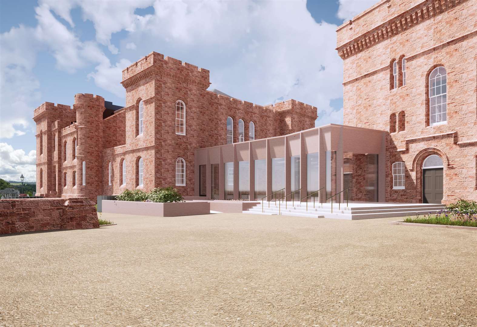 Exterior of the Inverness Castle building, showing proposed new building linking the two towers, viewed from the east.