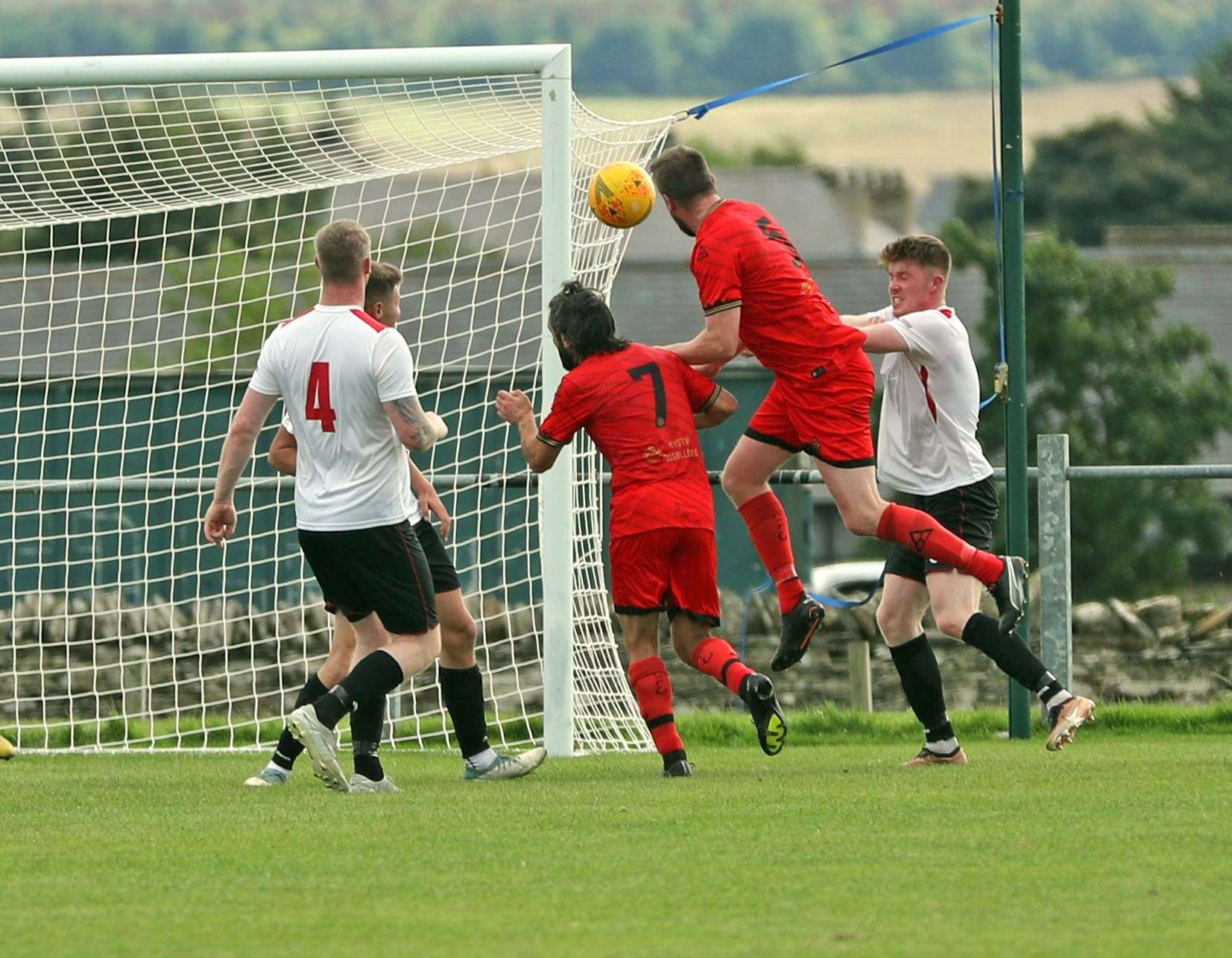 Loch Ness defender Chris Innes heads home the only goal of the game at Morrison Park. Picture: James Gunn