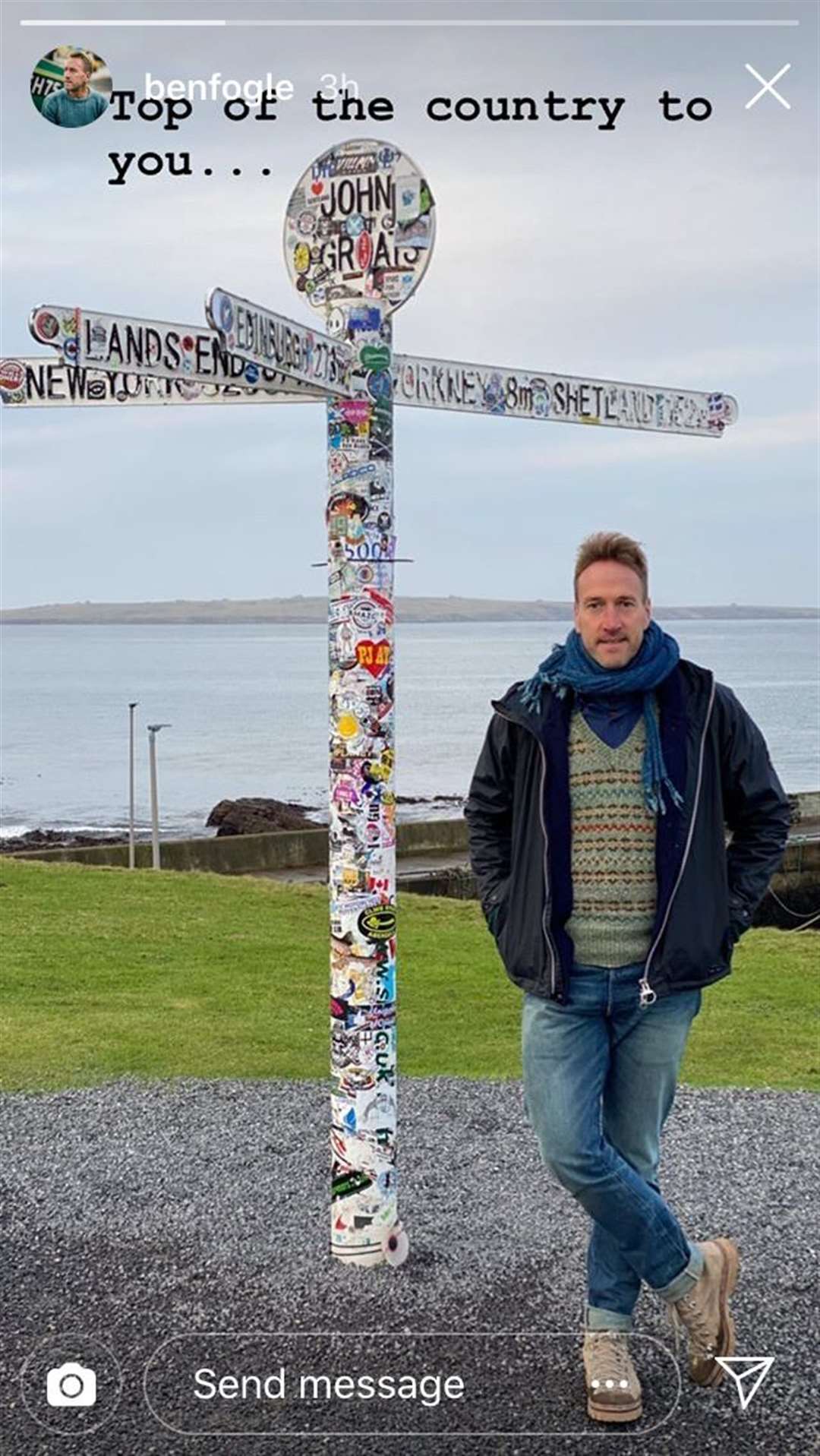 Ben Fogle spent two days filming at Puffin Croft petting farm and sent out this photograph to his Twitter fans to prove he had visited John O'Groats.