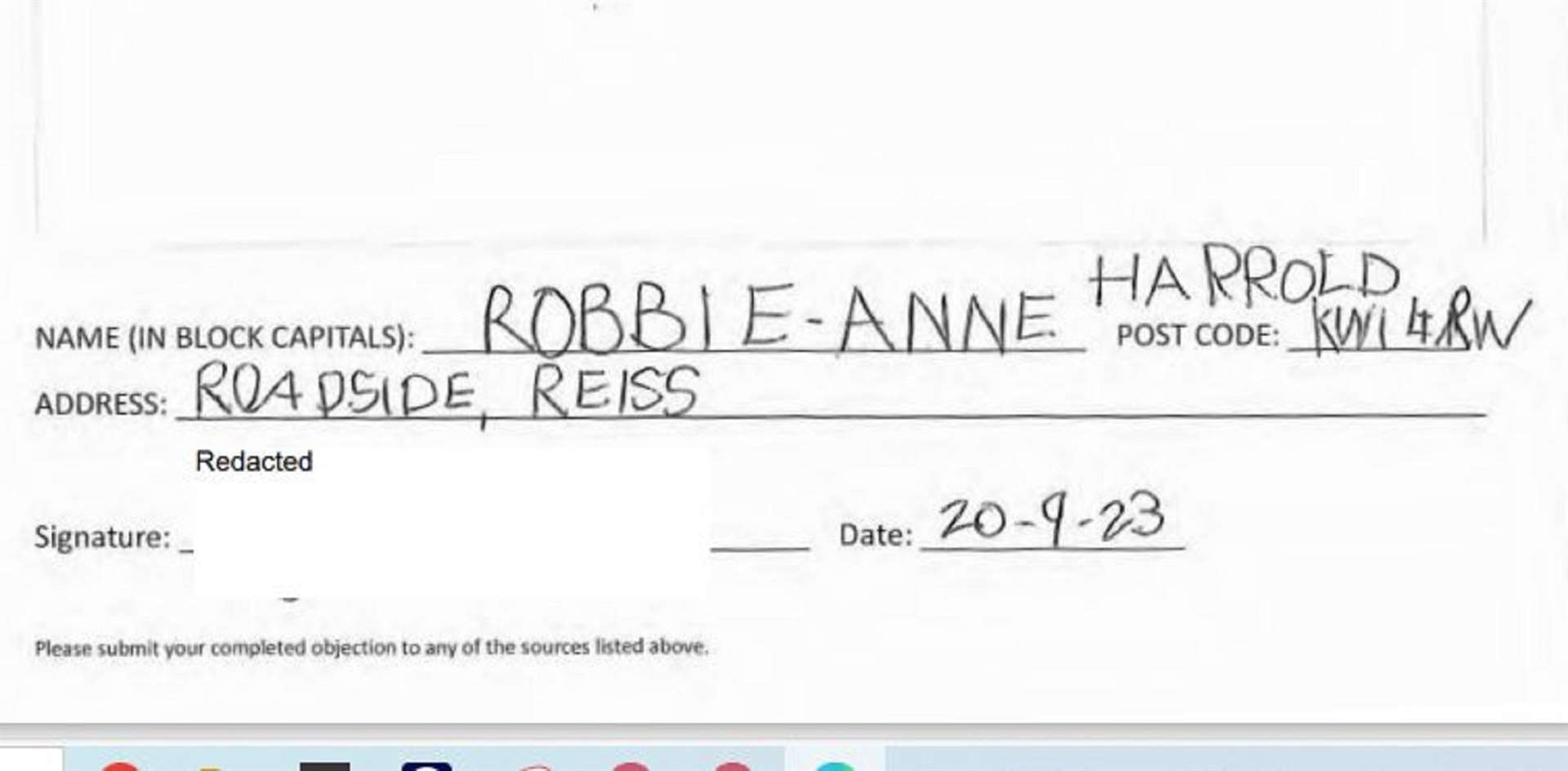 Part of the fake document sent in with Bib's name showing that she was 'removing' her objection.