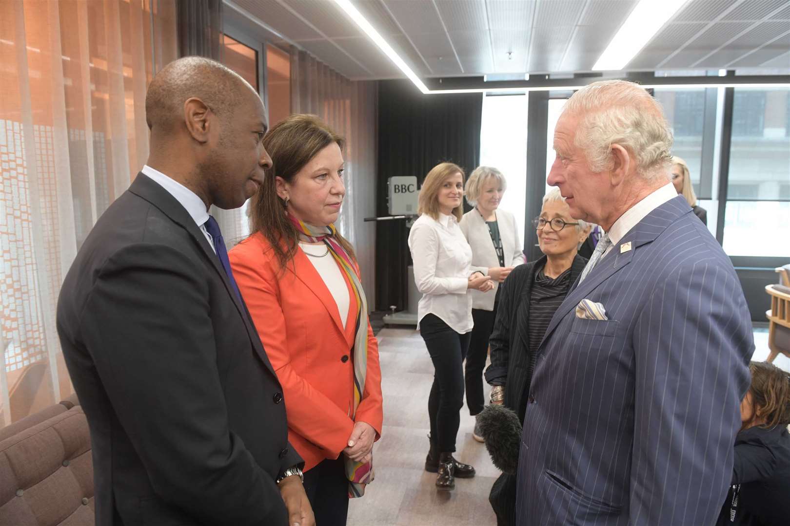 The King, Clive Myrie and Lyse Doucet during a visit to the BBC World Service (Jeff Overs/PA)