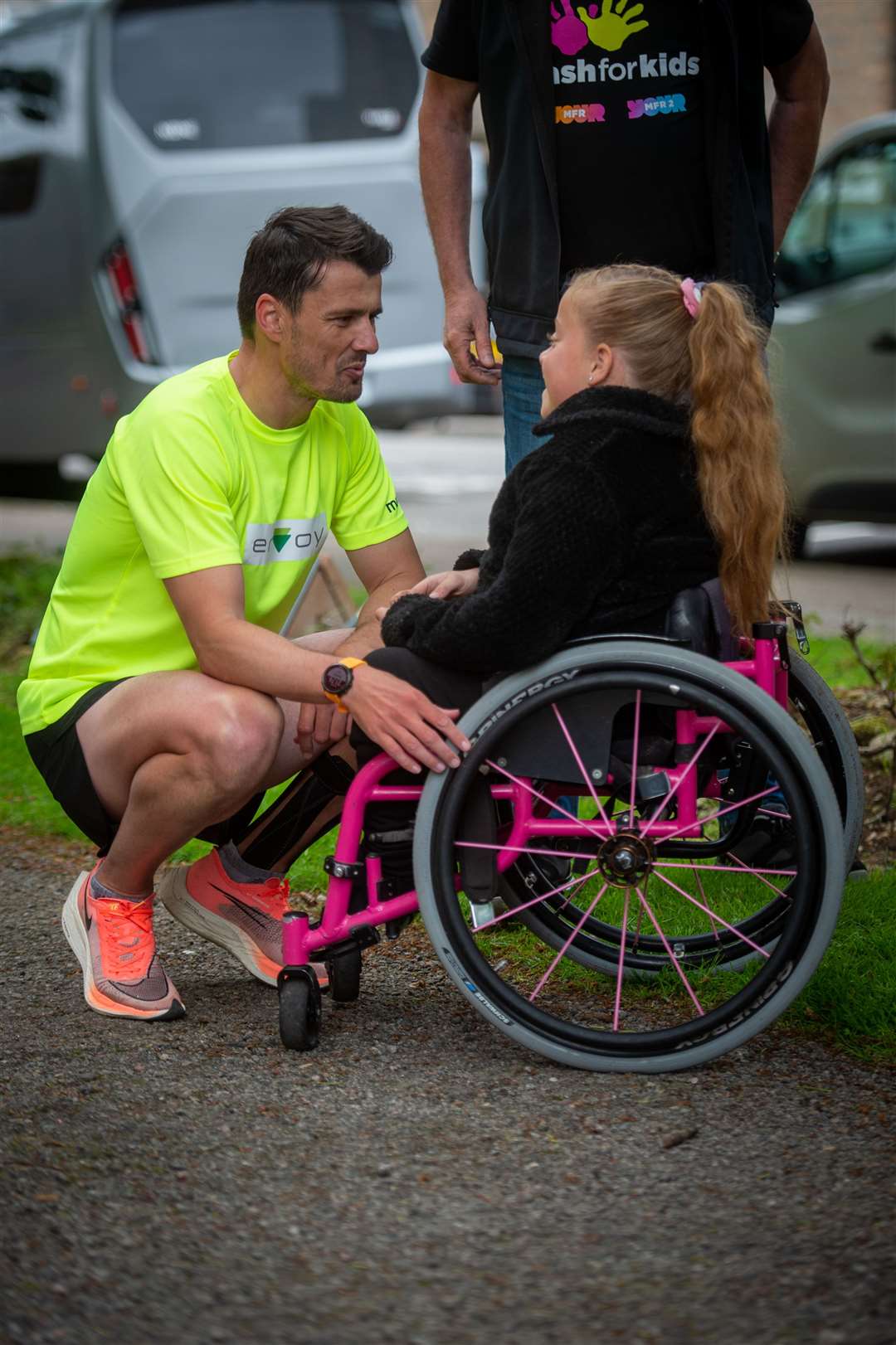 Steven meets up with Pebbles Sawyer at the finishing line in Inverness. Picture: Callum Mackay