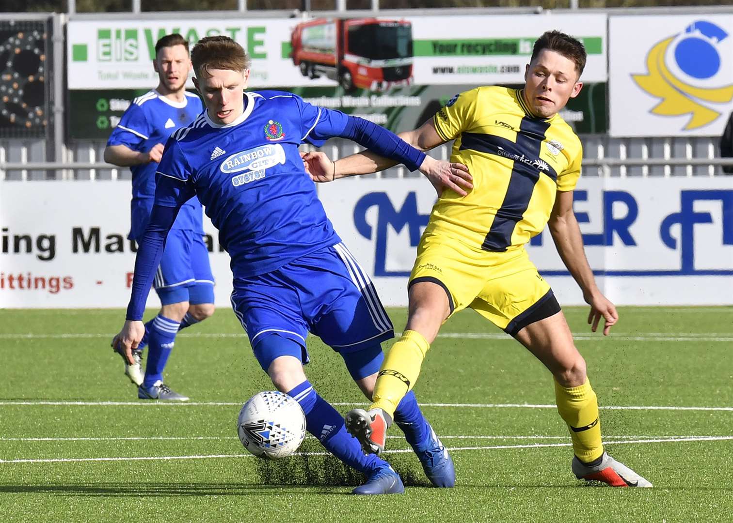 Academy's Jack Henry and Cove Rangers' Blair Yule battle for possession during the Scorries' last visit to Balmoral Stadium. Picture: Bob Roger