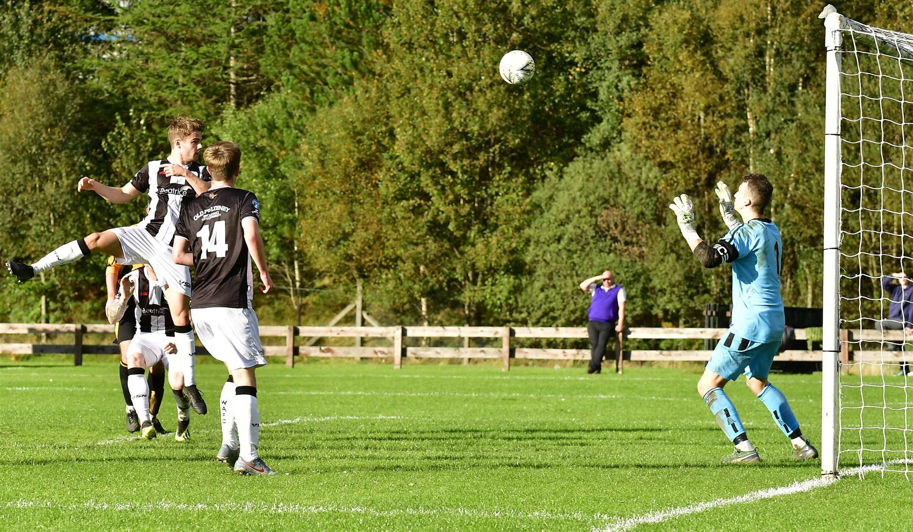 Supersub Jonah Martens opens his Highland League account with a powerful header past Fort William keeper Martin Mackinnon for Wick's fourth goal. Picture: Mel Roger