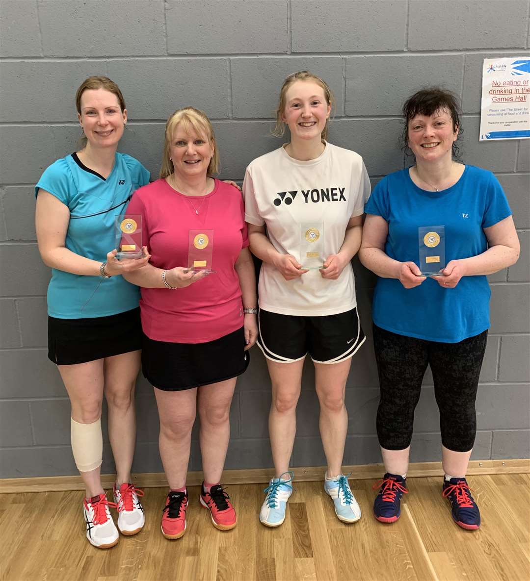 Ladies' doubles runners-up Marina Swanson and Pauline Craig with winners Rebecca Mayer and Marion McCoustra.