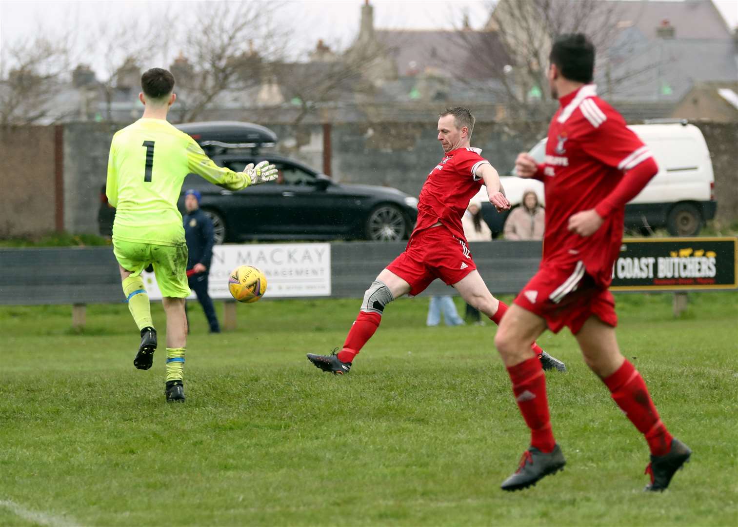 Sean Stewart beats Kenzie Cannop to score the third goal for Wick Groats. Picture: James Gunn