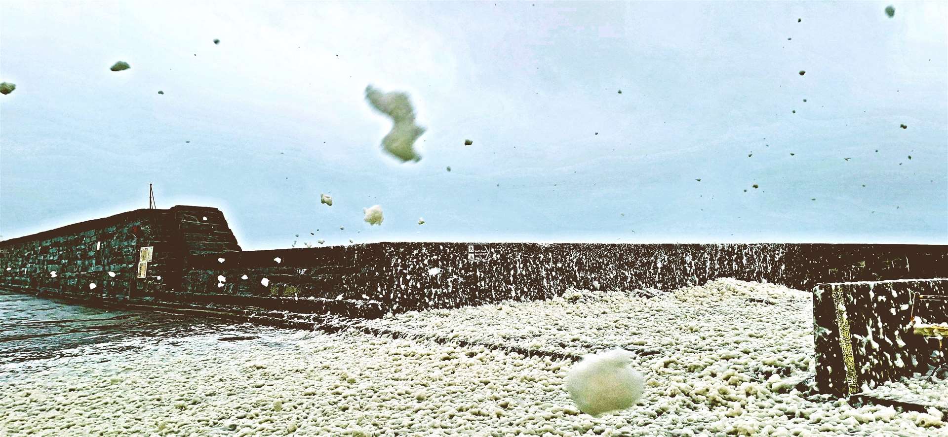 The foam was flying all around at Wick harbour on Saturday. Picture: DGS