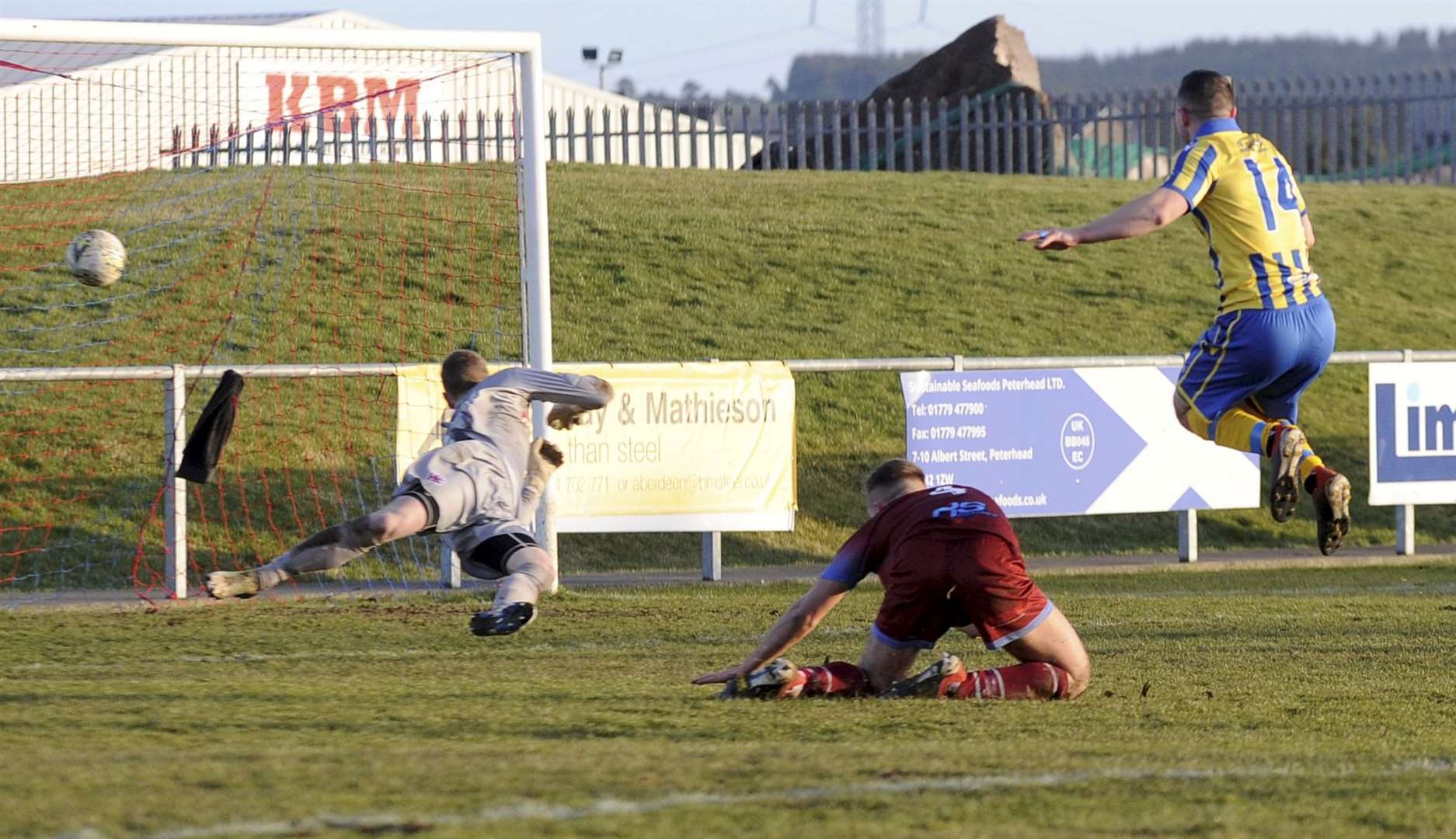 Ryan Stott fires in the equaliser for Inverurie Locos against Keith at Kynoch Park. Locos went on to win 3-1. Picture: Eric Cormack