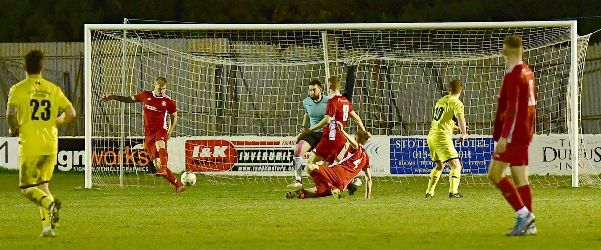 Richard Macadie (No 10) scoring in stoppage time in a 2-0 win at Lossiemouth in January 2020. This was Macadie's most recent goal for Academy. Picture: Mel Roger