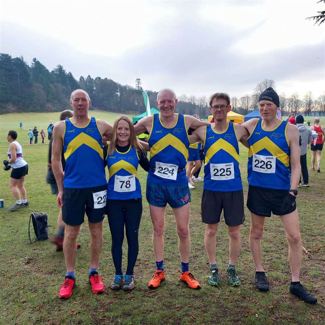North Highland Harriers taking part in the Scottish Masters Cross Country Championships (from left) Michael Sutherland, Lorna Stanger, James Kelman, David Orr and David Spencer.. Picture: NHH