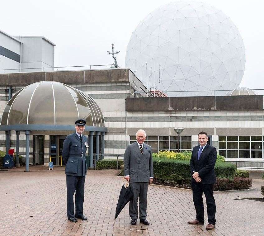 The Prince of Wales with Sqn Ldr Geoff Dickson (left) and Gav Smith, director general of Technology at GCHQ, during a visit to RAF Menwith Hill (Michael Cook/RAF/PA)