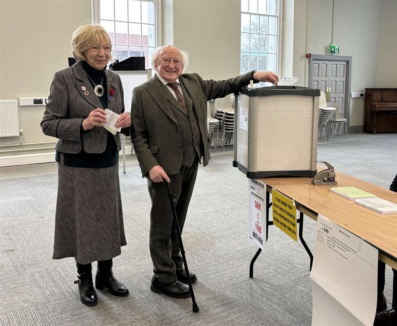President of Ireland Michael D Higgins and his wife, Sabina, voting at Phoenix Park, Dublin (Cate McCurry/PA)