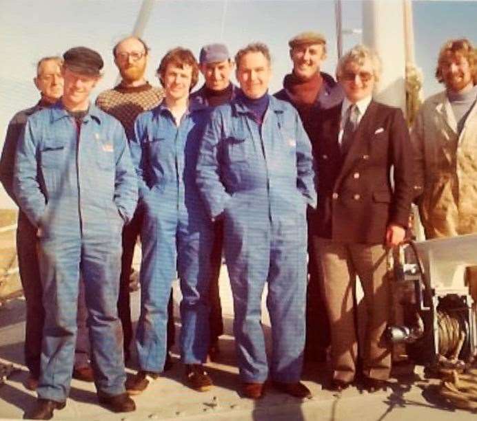 The original crew of the Opportune who sailed her home to Wick from Campbeltown following her launch. Back (from left): Jimmy Watson, James Bain, Will Young and Sandy Barnie. Front: David Fraser, Andrew Bremner, his father, the late Norrie Bremner, Leslie Howarth, manager of the Campbeltown shipyard, and George More.