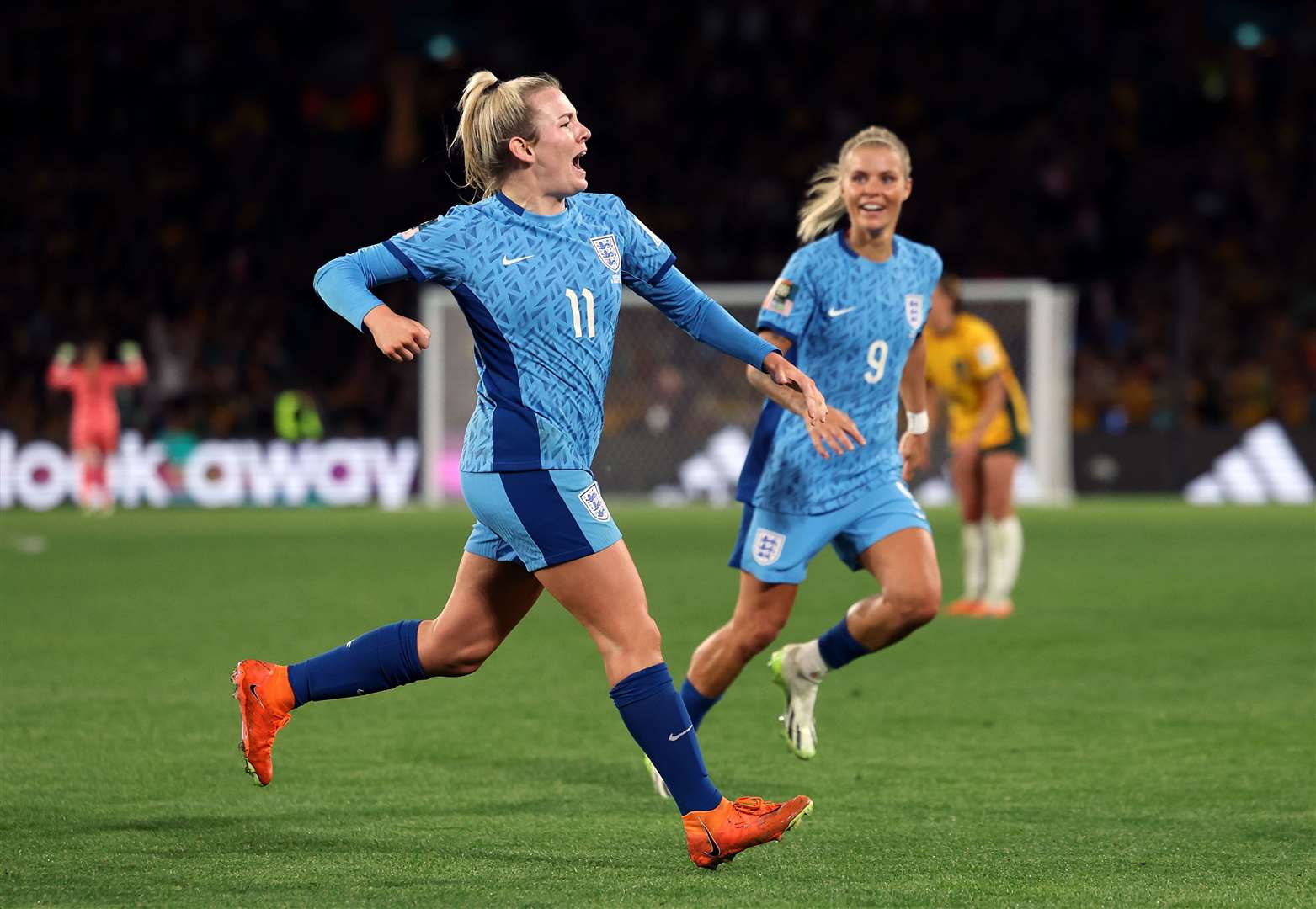 Lauren Hemp celebrates scoring England’s second goal (Isabel Infantes/PA)