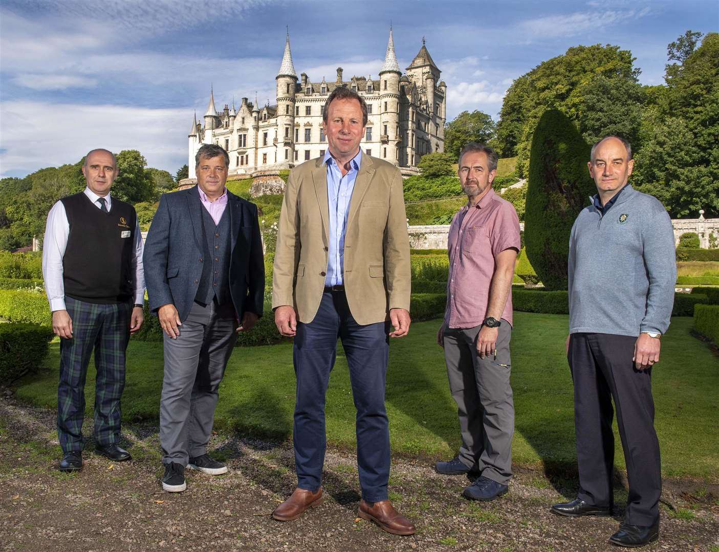 Highland business leaders at Dunrobin Castle after setting out the case for a North Highland Growth Fund – (from left) Scott Morrison, Dunrobin Castle; John Murray, Highland Food & Drink Club; David Whiteford, North Highland Initiative; Ian Sutherland, Go Golspie!; and Neil Hampton, Royal Dornoch Golf Club. Picture: Trevor Martin