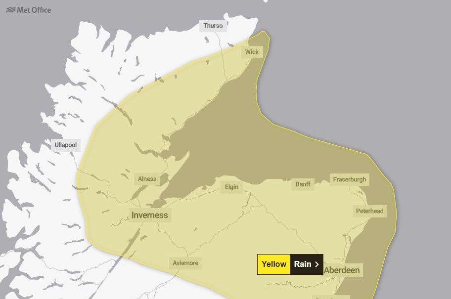Parts of the Highlands and the north east will be hit by the heavy rains.