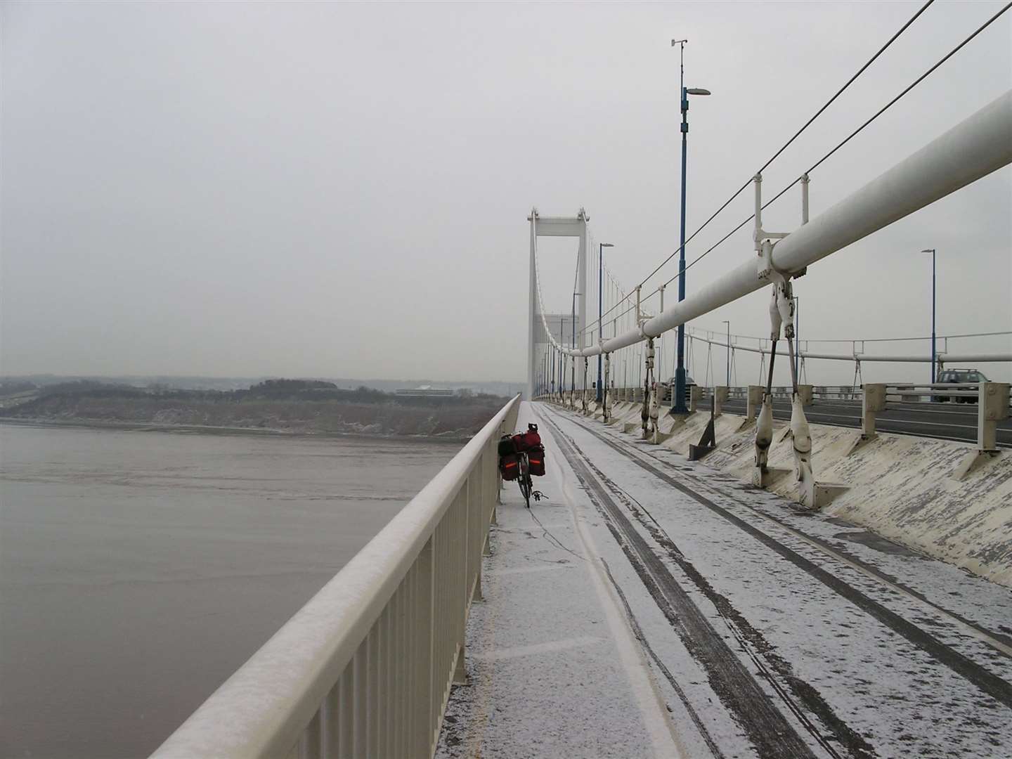 A snowy Severn Bridge.