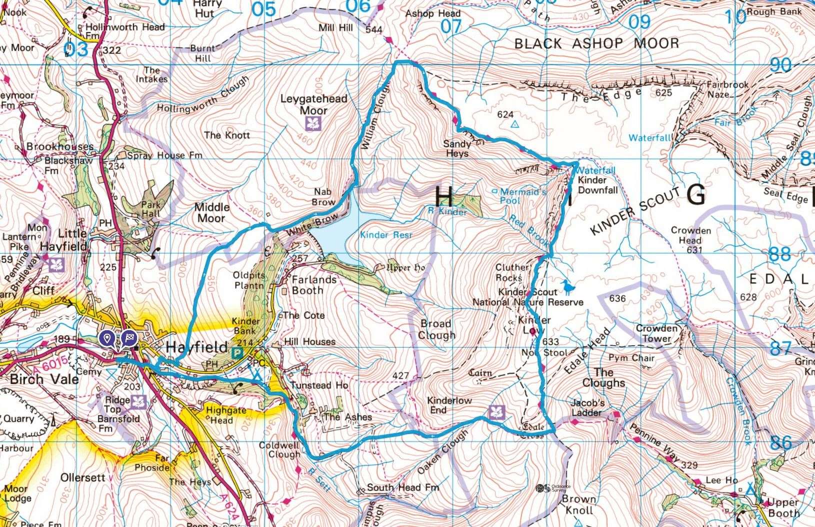 Kinder Scout from Hayfield. ©Crown copyright 2024 Ordnance Survey. Media 034/24.