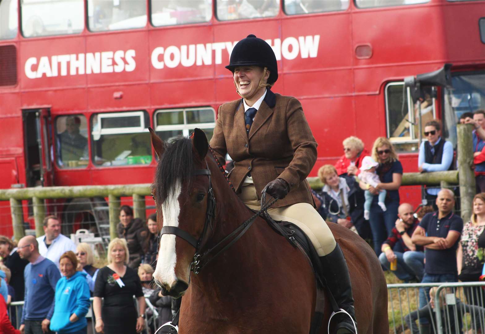 All smiles from Jacqueline Munro on her Clydesdale, Prince William of Aikers, at the County Show in Wick, 2019.