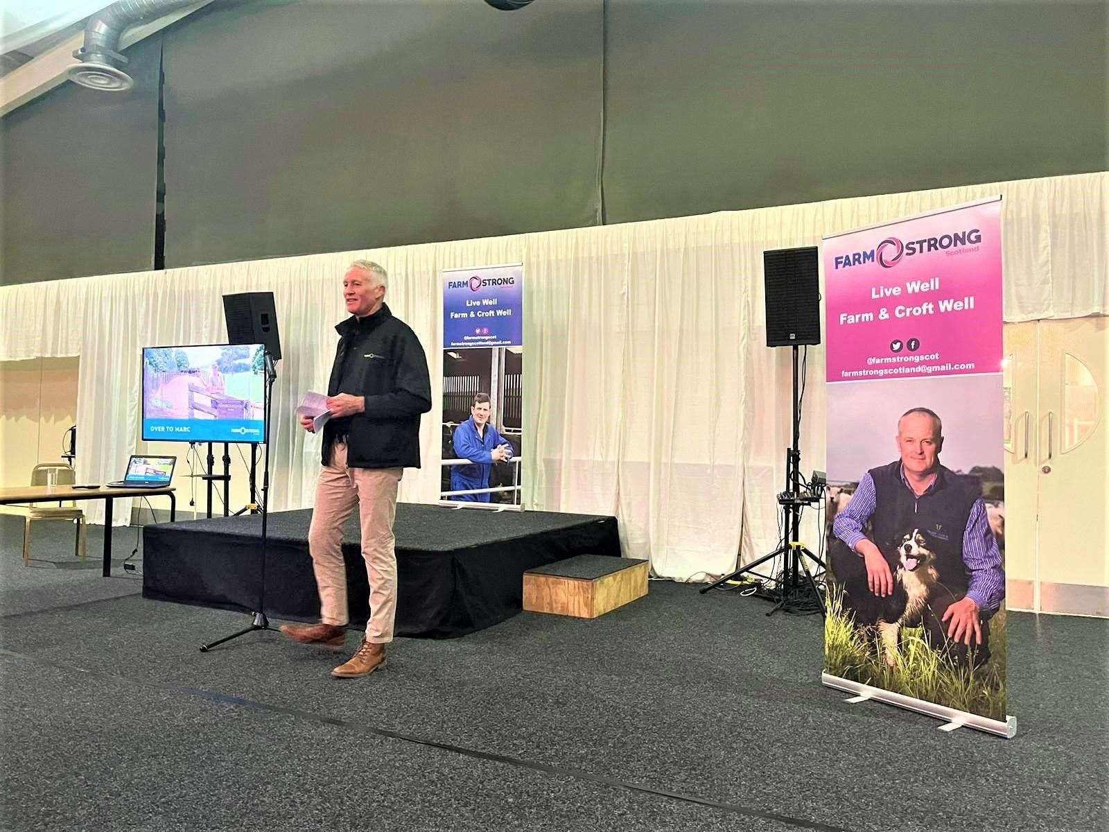 Marc Gascoigne presenting at one of the Farmstrong Scotland events.