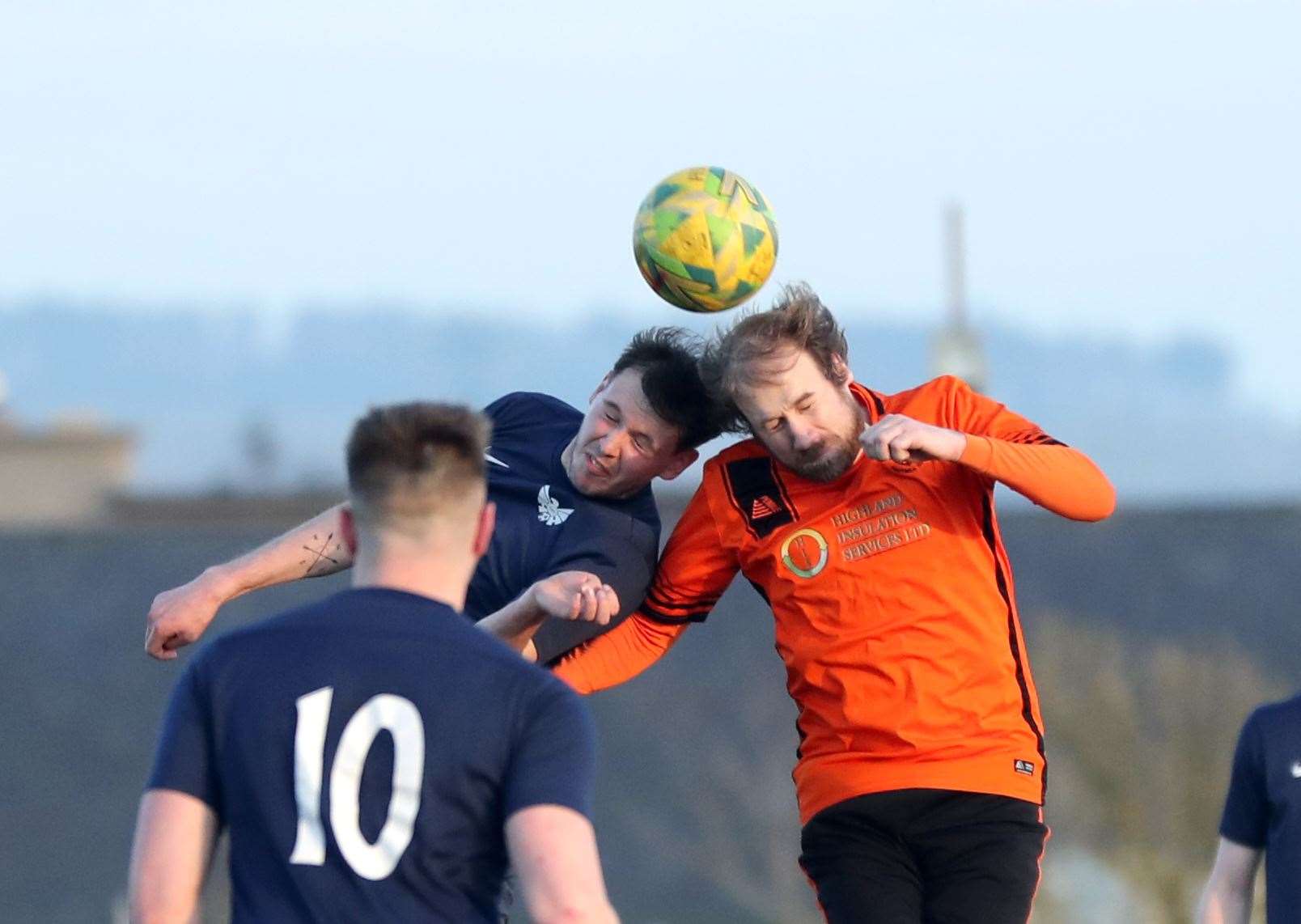 Mark Webster and Grant Budge in an aerial duel in the CAFA Division One encounter between High Ormlie Hotspur and John O'Groats. Picture: James Gunn