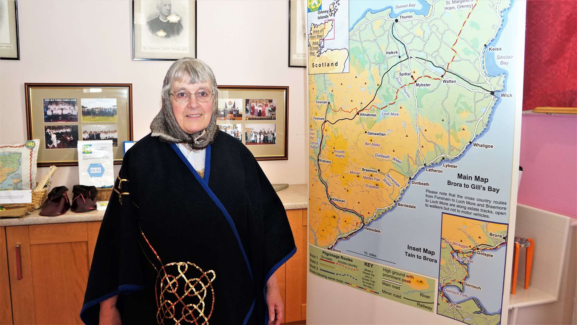 Jane Coll, secretary of the Northern Pilgrims' Way Group, with a map showing ancient pilgrimage routes through Caithness. Picture: DGS