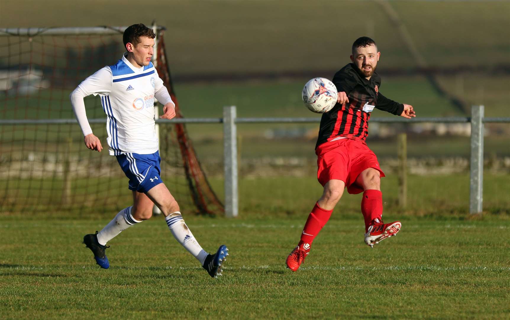 Halkirk United's Bobby Gunn in action against Invergordon recently. Gunn scored twice as the Anglers beat Bunillidh Thistle 5-1. Picture: James Gunn