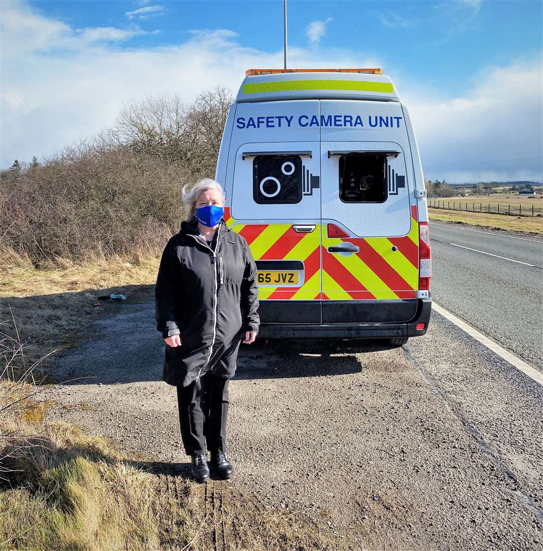 Rhoda Grant beside the Tain bypass mobile unit.