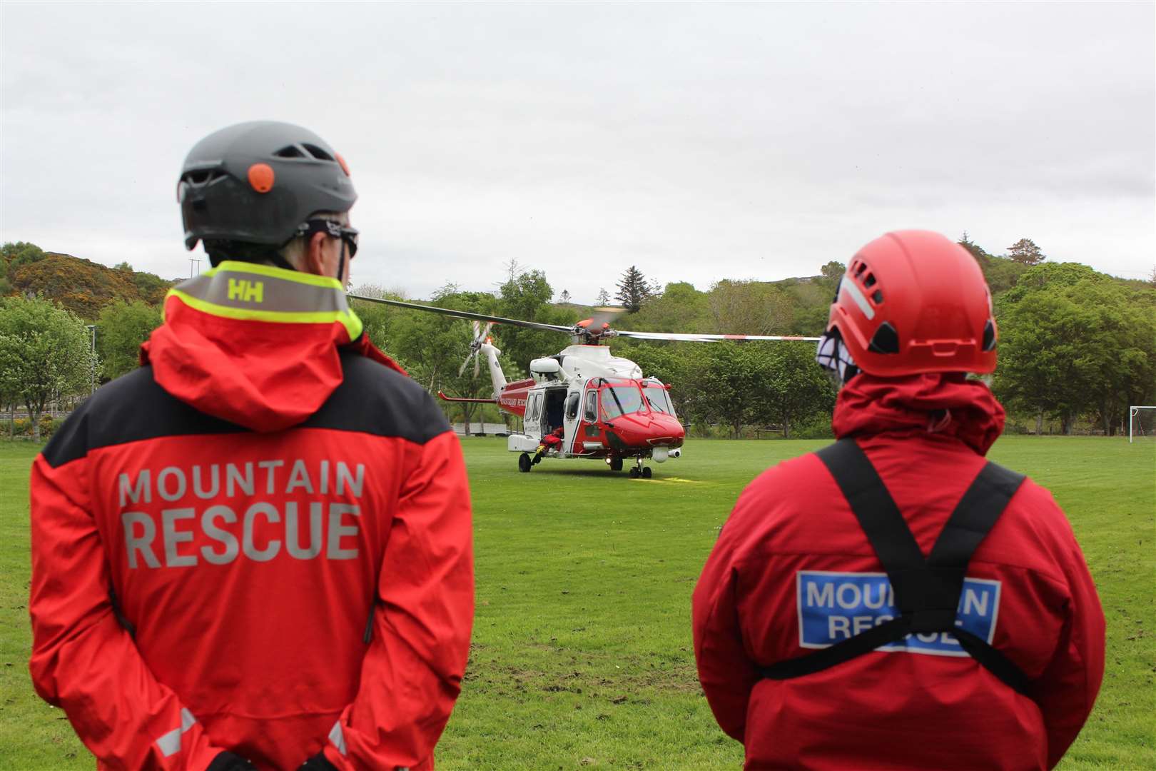 The HM Coastguard helicopter arrives at Lochinver from its base at Dalcross Airport, Inverness.