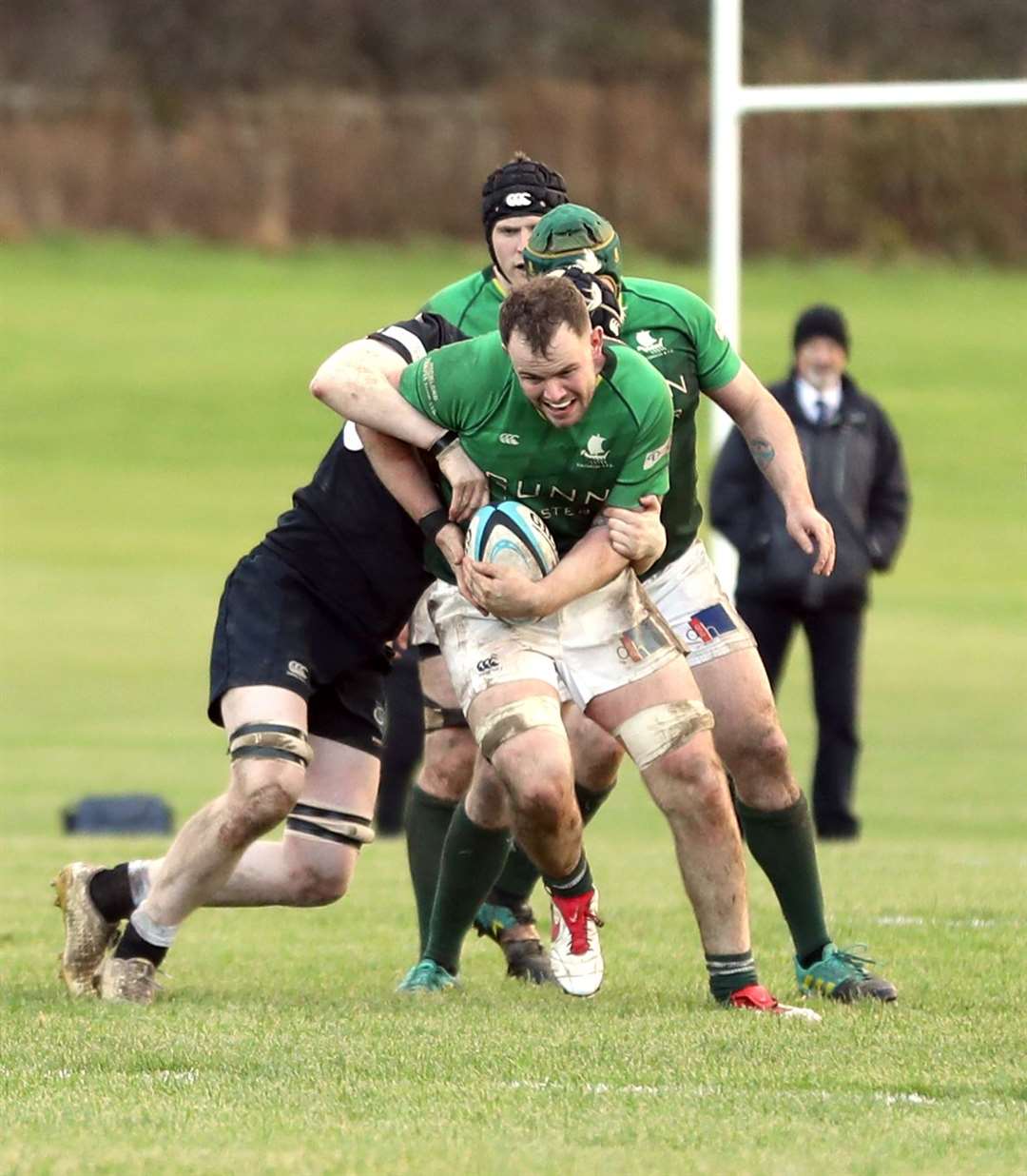 Grant Anderson tries to muscle his way through the Berwick defence during the Greens' 38-10 defeat to the Northumberland side. Picture: James Gunn