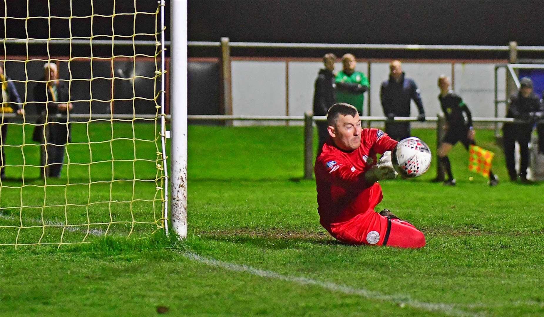 Wick keeper Graeme Williamson makes a fingertip save to push the ball around a post. Picture: Mel Roger