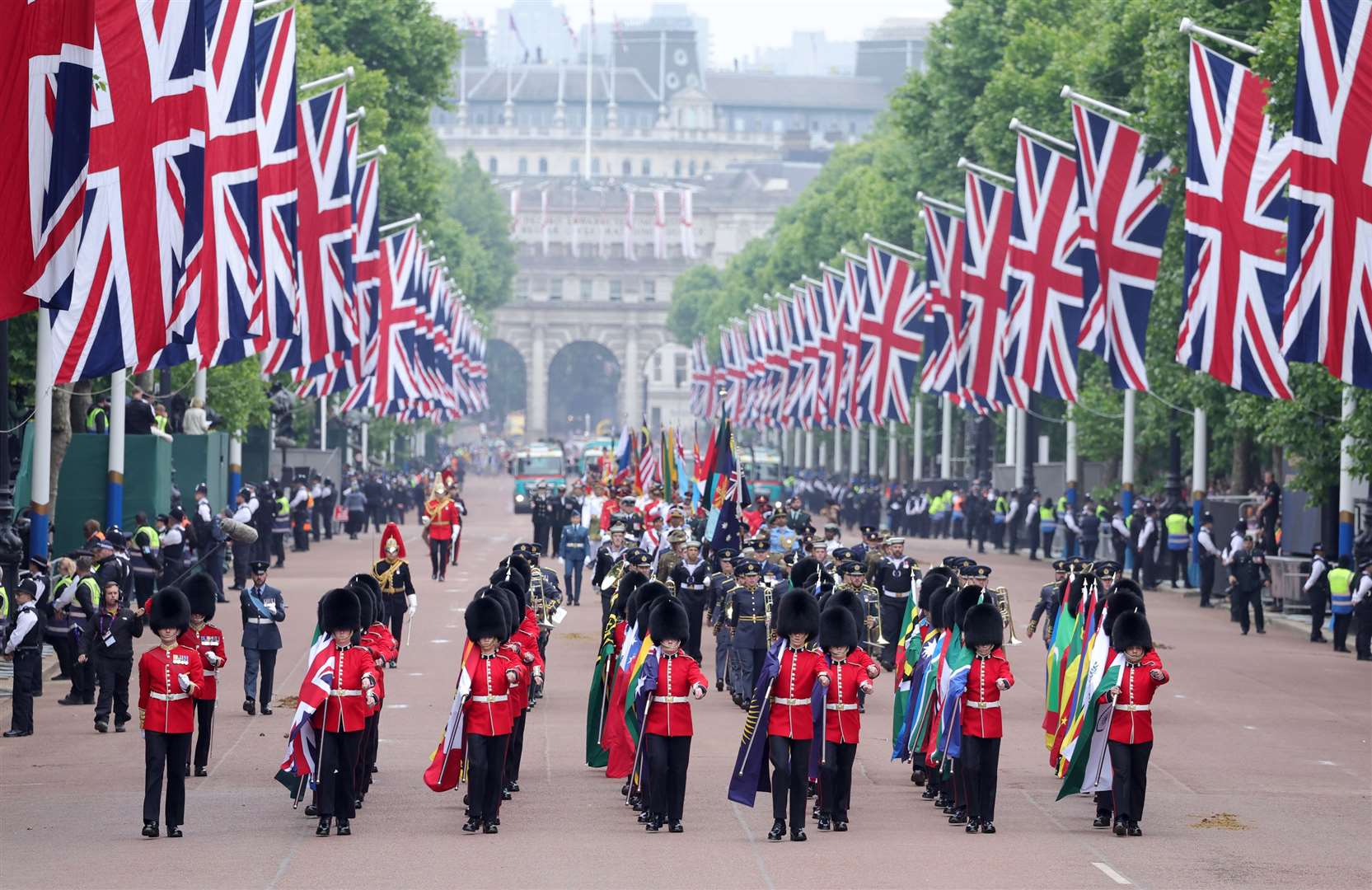 Soldiers parade down the Mall during the Platinum Jubilee Pageant in front of Buckingham Palace (Chris Jackson/PA)