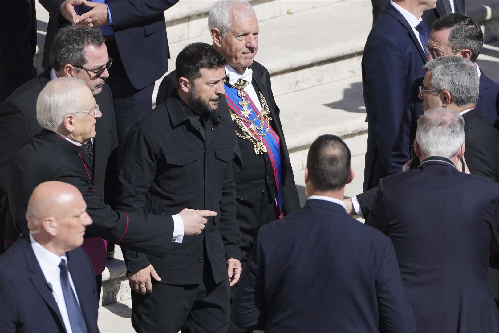 Volodymr Zelensky, centre, arriving for the funeral of Pope Francis in St Peter’s Square (AP Photo/Markus Schreiber)