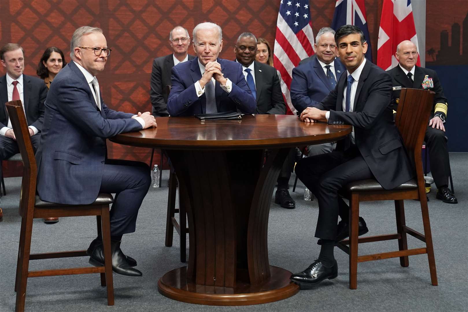 Rishi Sunak during a meeting with US President Joe Biden and Prime Minister of Australia Anthony Albanese at Point Loma naval base in San Diego (Stefan Rousseau/PA)