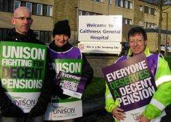 Striking health service workers outside Caithness General Hospital in Wick yesterday. Rob Gibson maintains the UK Government’s proposals for public-sector workers’ pensions are ‘a naked cash grab’.