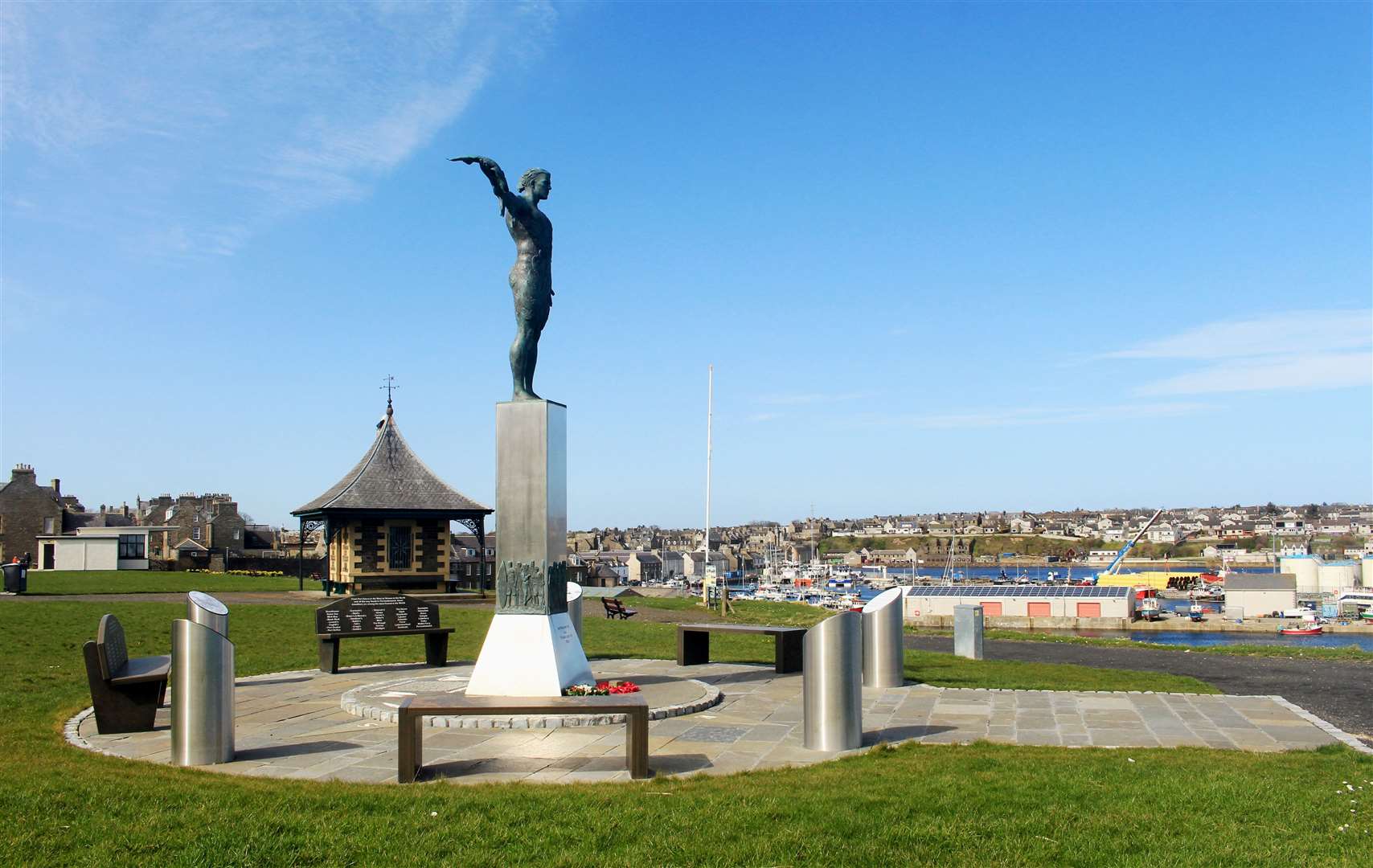 The Seafarers Memorial in Wick, designed by Alan Beattie Herriot, in the spring sunshine this afternoon. Picture: Alan Hendry