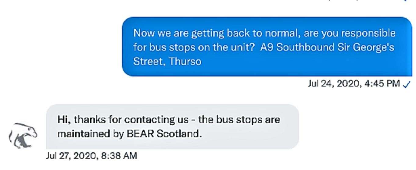Alexander Glasgow's correspondence with Bear Scotland which he says 'demonstrates that local authorities are responsible for the furniture on the unit'.