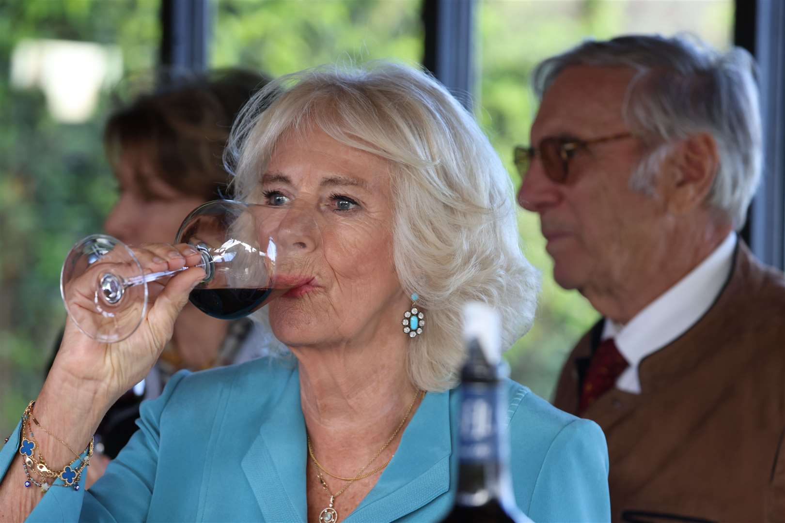 Camilla enjoys a glass of wine in Bordeaux (Ian Vogler/Daily Mirror/PA)