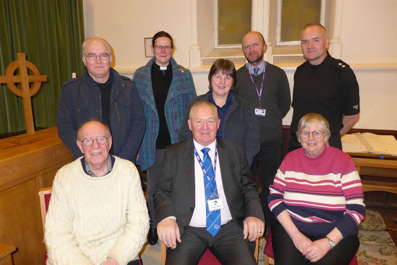 Back (from left): Eamon Rice, the Rev Ellie Charman, Ann Macarthur, Councillor Matthew Reiss, Inspector Alasdair Goskirk. Front: Alan Finch (local coordinator), Sandy Scrimgeour (chief executive of Ascension Trust Scotland) and Margaret Finch. Picture: Willie Mackay
