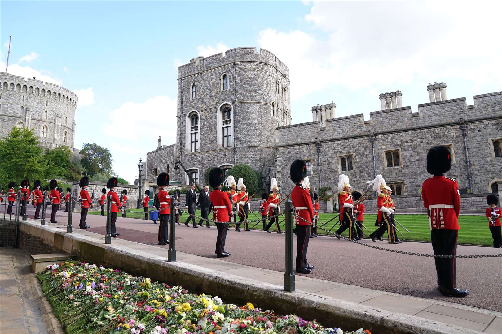Soldiers from the Grenadier Guards outside St George’s Chapel in Windsor Castle (Kirsty O’Connor/PA)