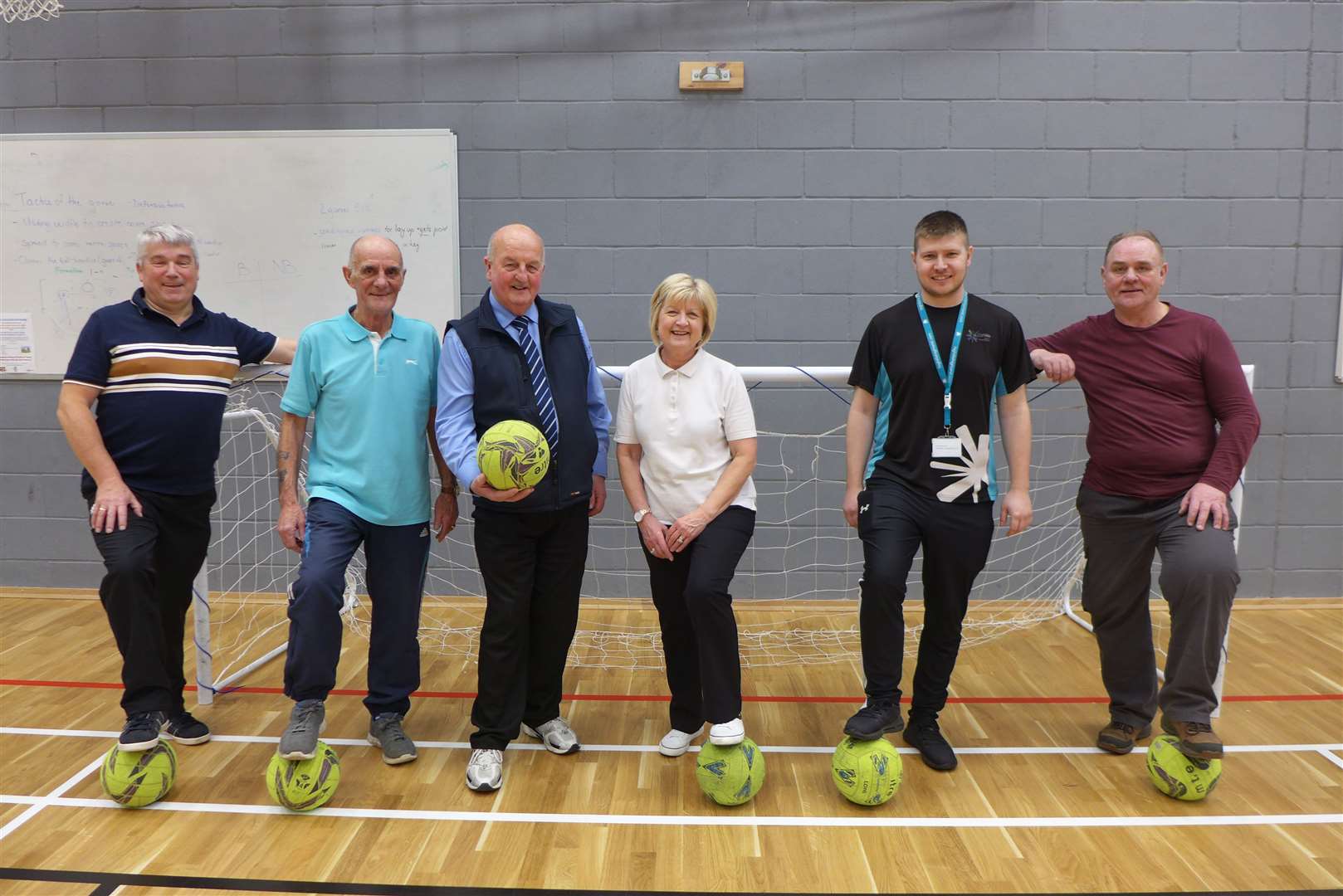 At the inaugural walking football event are (from left) Colin Stewart, Alan Farquhar, Willie Mackay, Glynis Mackay, Alan Larnach (facilities manager at East Caithness Community Facility) and Bill Baxter.